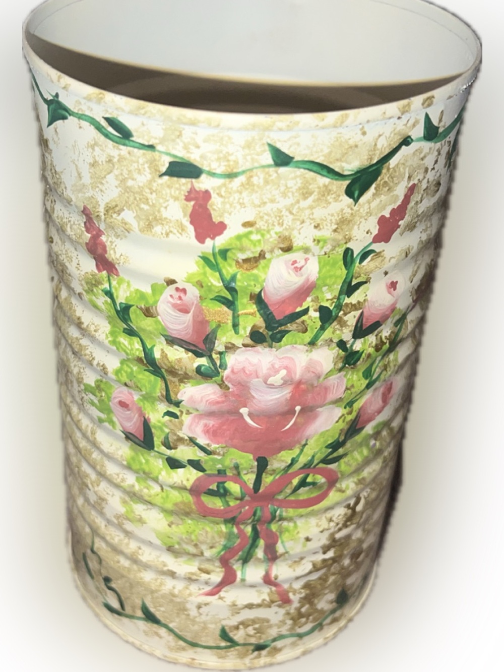💥 Hand-Painted Floral Tin Vase Pink Rose Bouquet Upcycled Accent Decor